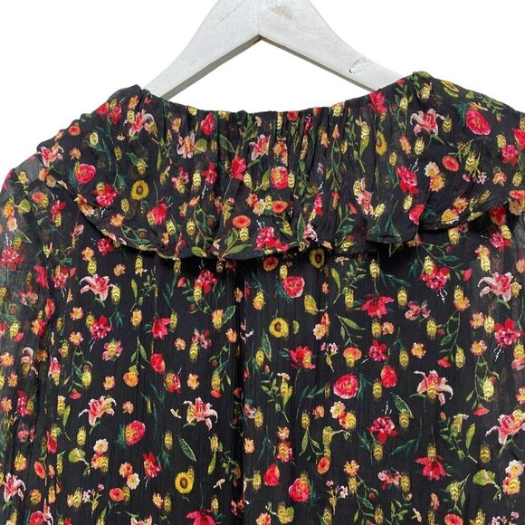 J.CREW Floral Blouse Size Small Black Red Metallic Long Sleeve Ruffle Peasant To - Picture 8 of 13